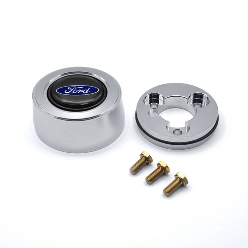 Horn Button - Hi-Rise - Black / Blue Ford Oval Logo - Aluminum - Polished - 3-Bolt Steering Wheels - Each