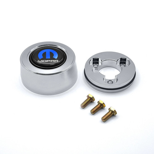 Horn Button - Hi-Rise - Black / Blue / White Mopar Logo - Aluminum - Polished - 3-Bolt Steering Wheels - Each