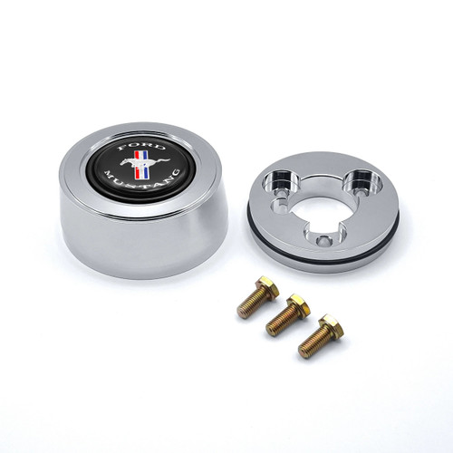 Horn Button - Hi-Rise - Black / Blue / Red / White / Silver Mustang Logo - Aluminum - Polished - 3-Bolt Steering Wheels - Each