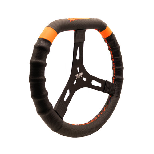Steering Wheel - Dirt Karting / Mini Outlaw - D-Shape - 13 in Diameter - 2 in Dish - 3-Spoke - Black Synthetic Grip - Orange Stripes - Aluminum - Black Anodized - Each