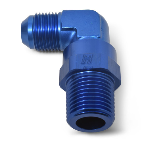 Fitting - Adapter Fitting - 90 Degree - 8 AN Male to 1/4 in NPT Male Swivel - Aluminum - Blue Anodized - Each