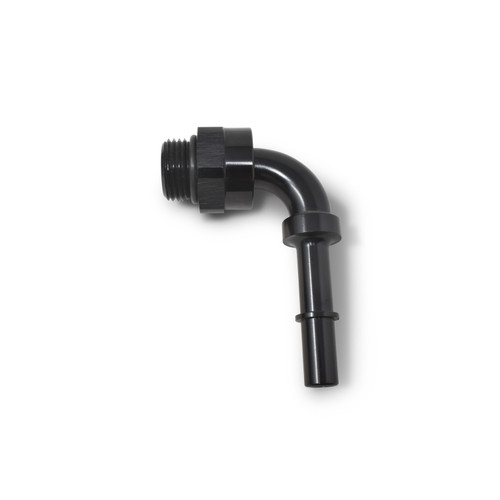 Fitting - Fuel Line Adapter - 90 Degree - 6 AN Male O-Ring to 3/8 in SAE Male Quick Disconnect - Aluminum - Black Anodized - Each
