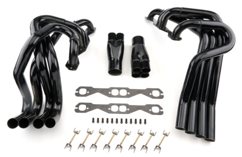 Headers - 180 Degree Crossover - Full - 1.625 to 1.75 in Primary - 3 in Collector - Gaskets / Hardware Included - Steel - Black Paint - Small Block Chevy - Pair