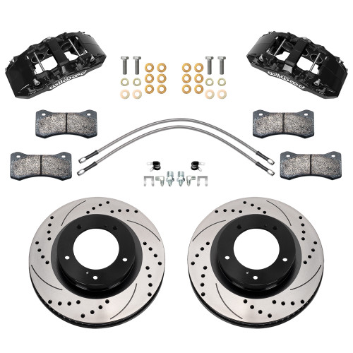 Brake System - Aero6-DM - Front - 6 Piston Caliper - 13.39 in Drilled / Slotted Iron Rotor - Aluminum - Black Powder Coat - Toyota Fullsize Truck 2007-15 - Kit