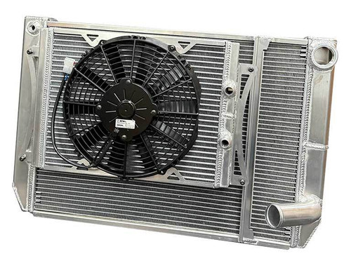 Radiator and Fan - 28.875 in W x 18 in H x 2 in D - Triple Pass - Driver Side Inlet - Passenger Side Outlet - Aluminum - Natural - Ford - Super Late Model - Kit