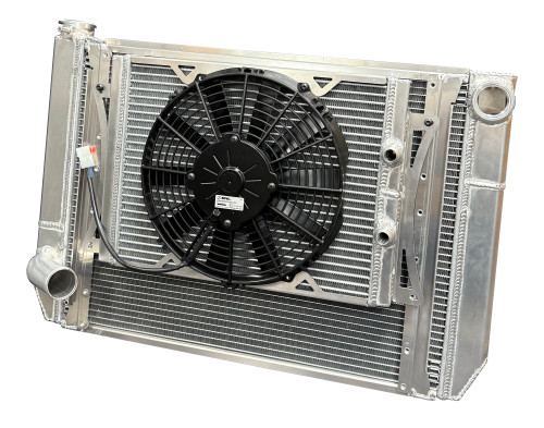 Radiator and Fan - 28.875 in W x 18 in H x 2 in D - Dual Pass - Passenger Side Inlet - Passenger Side Outlet - Aluminum - Natural - Kit