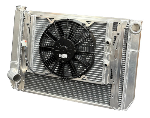 Radiator and Fan - 28.875 in W x 18 in H x 2 in D - Dual Pass - Passenger Side Inlet - Passenger Side Outlet - Aluminum - Natural - Kit