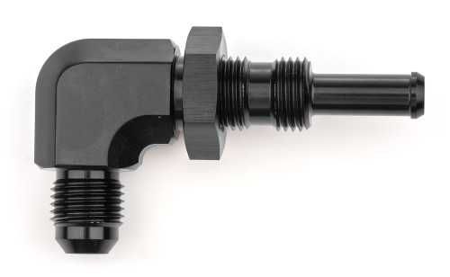 Fitting - Bulkhead - 90 Degree - 6 AN Male to 5/16 in Hose Barb Bulkhead - Aluminum - Black Anodized - Each