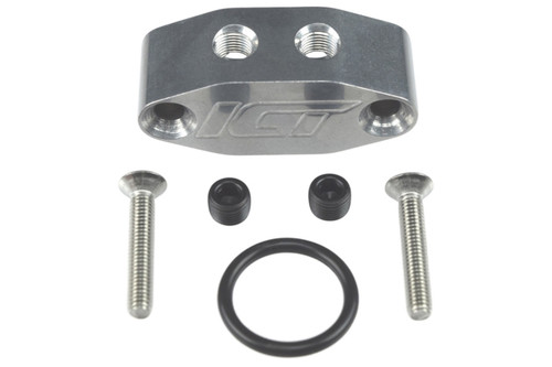 Oil Cooler Adapter - Two 1/8 in NPT Female Port - 1 in Thick - Hardware / Plugs / O-Ring Included - Aluminum - Natural - GM LS-Series - Each