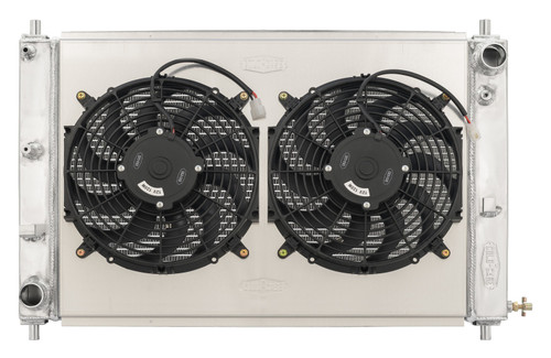 Radiator and Fan - 28 in W x 19.9 in H x 6.75 in D - Dual Fans - Passenger Side Inlet - Driver Side Outlet - Aluminum - Polished - Ford Coyote - Ford Mustang 1997-2004 - Kit