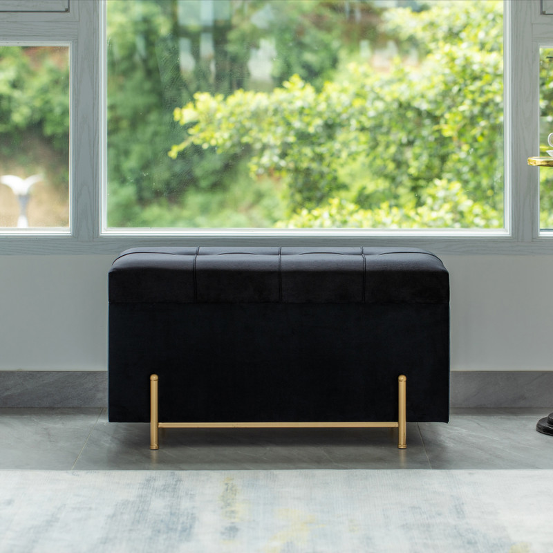 Rectangle Velvet Storage Ottoman Stool Box with Abstract Golden Legs   Decorative Sitting Bench for Living Room Home Decor with Unique Base  Support (Blue Small) 