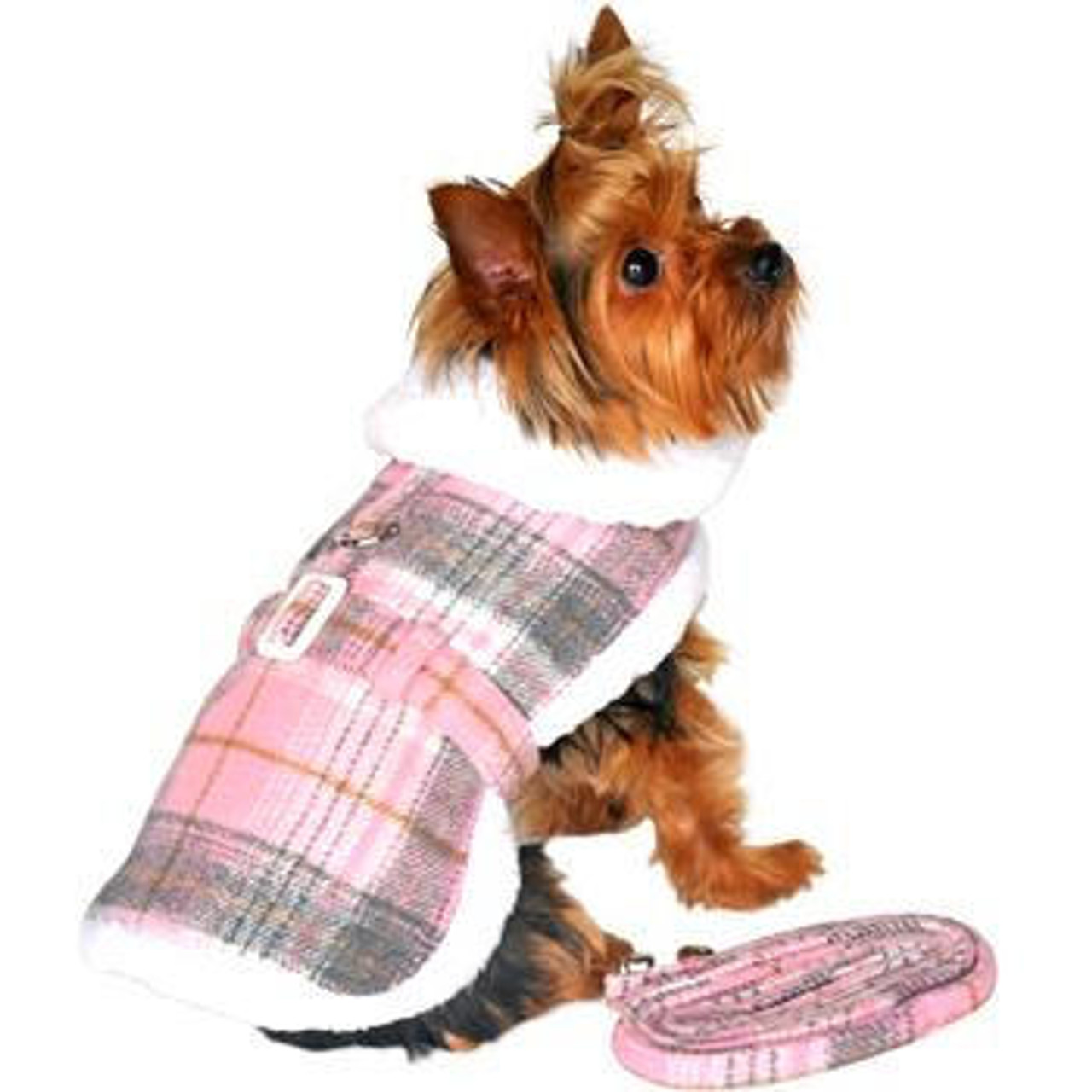 Doggie Design Sherpa-Lined Dog Harness Coat - Pink & White Plaid 