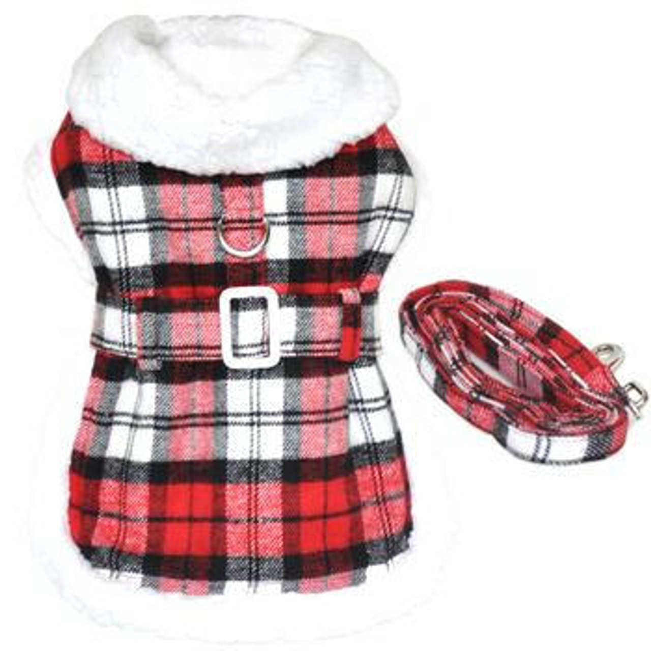 Doggie Design Sherpa-Lined Dog Harness Coat - Red & White Plaid 
