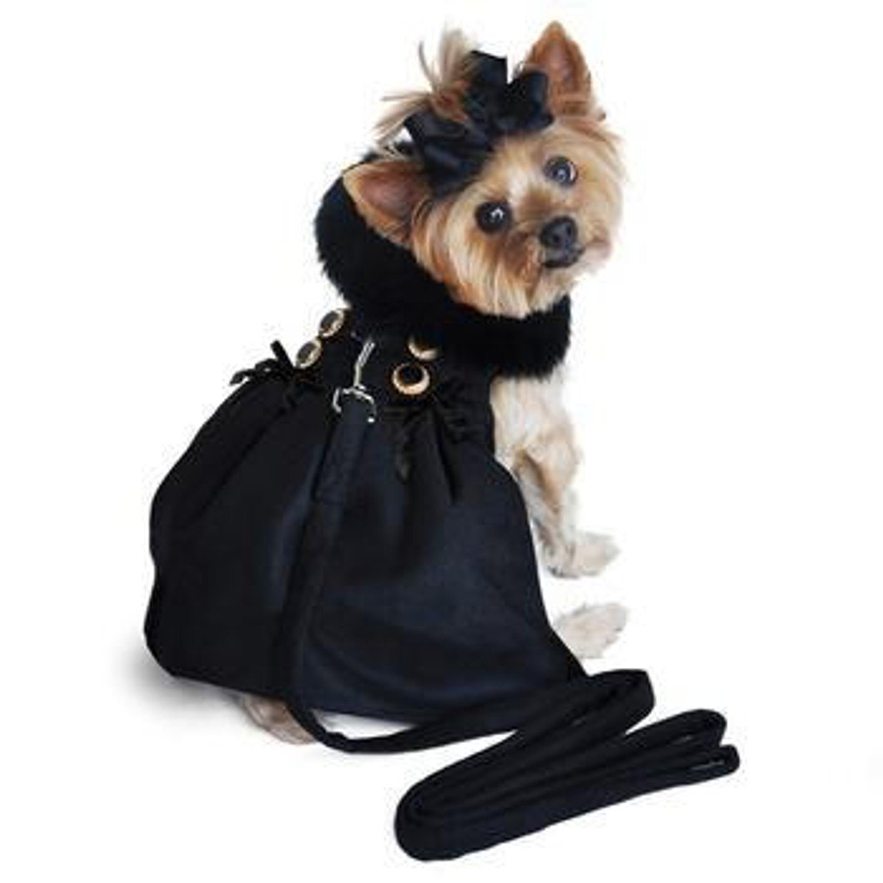 Doggie Design Wool Fur-Trimmed Dog Harness Coat - Black 