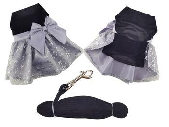 Copy of Holiday Dog Harness Dress - Black Velvet with Gray Snowflake Skirt-FINAL SALE