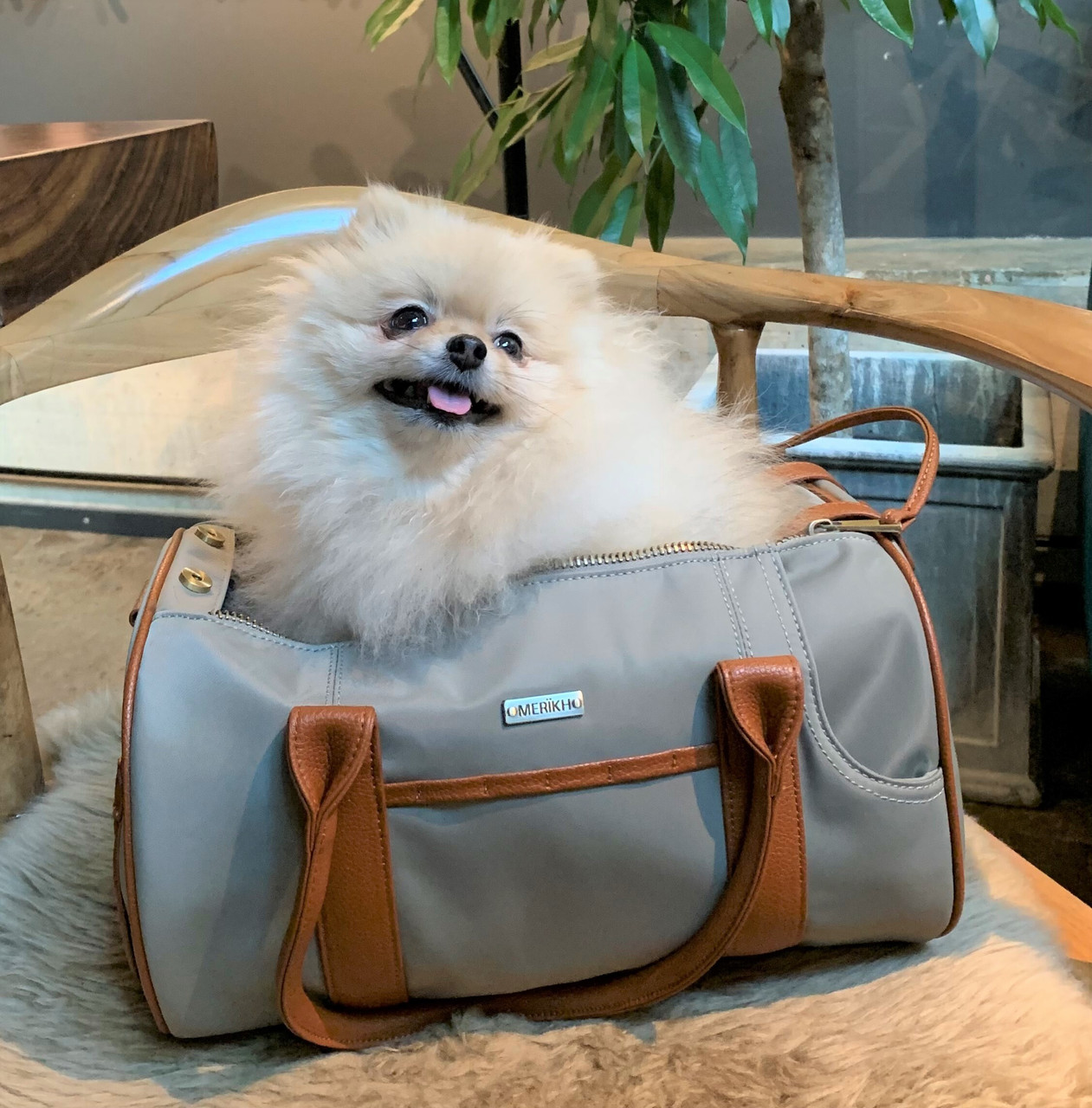 MERÏKH Small Nylon/Vegan Leather Beige Pet Carrier