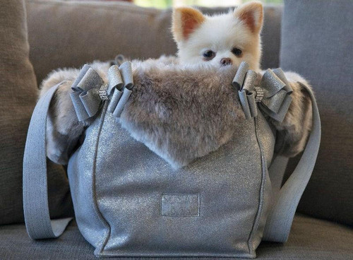 Susan Lanci Platinum Glitzerati Double Nouveau Bow Luxury Carrier with Faux Fur   Susan Lanci Platinum Glitzerati Double Nouveau Bow Luxury Carrier with Faux Fur