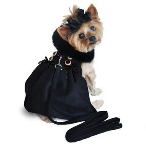 Doggie Design Wool Fur-Trimmed Dog Harness Coat - Black 