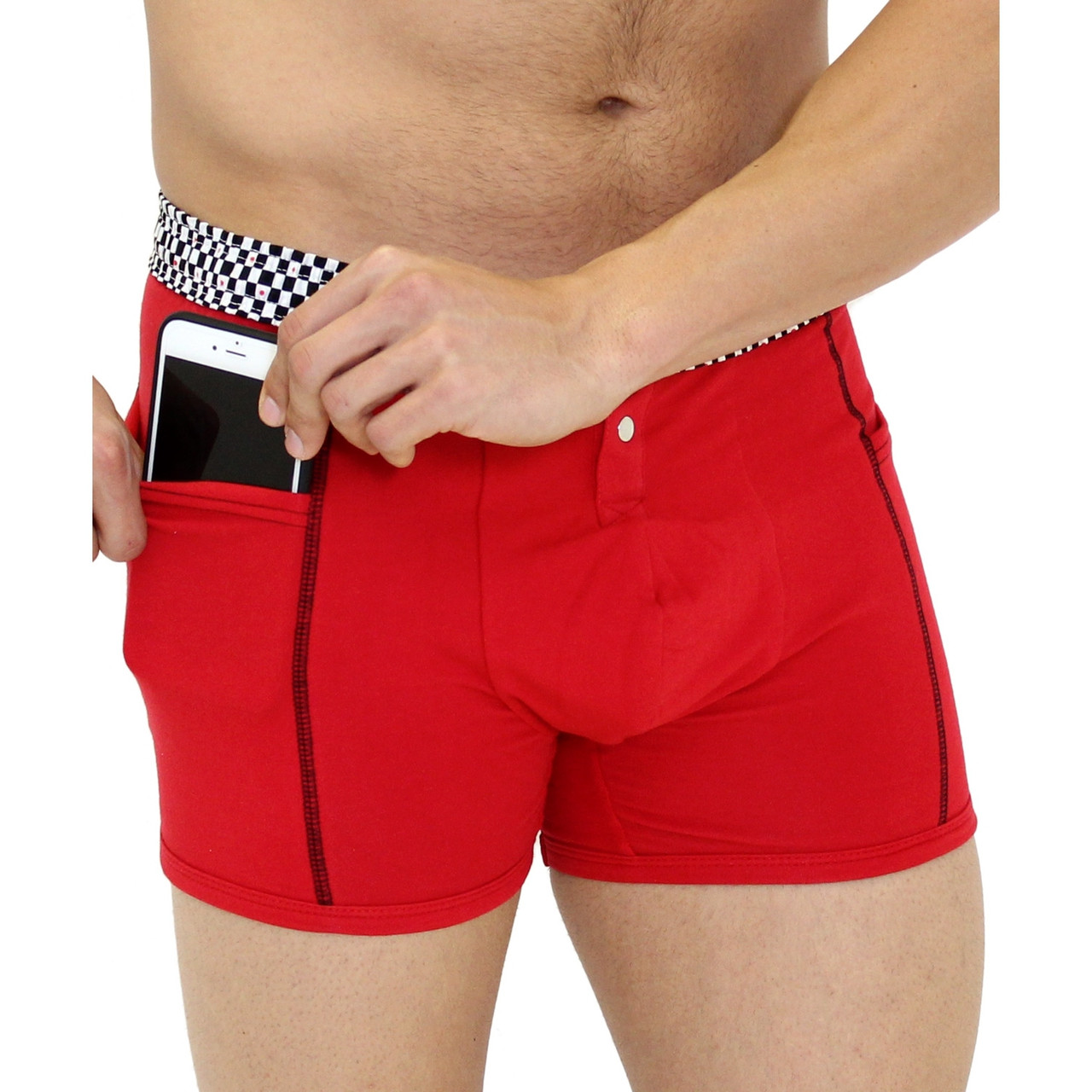 Men's Red Boxer Brief with Checkers Waistband