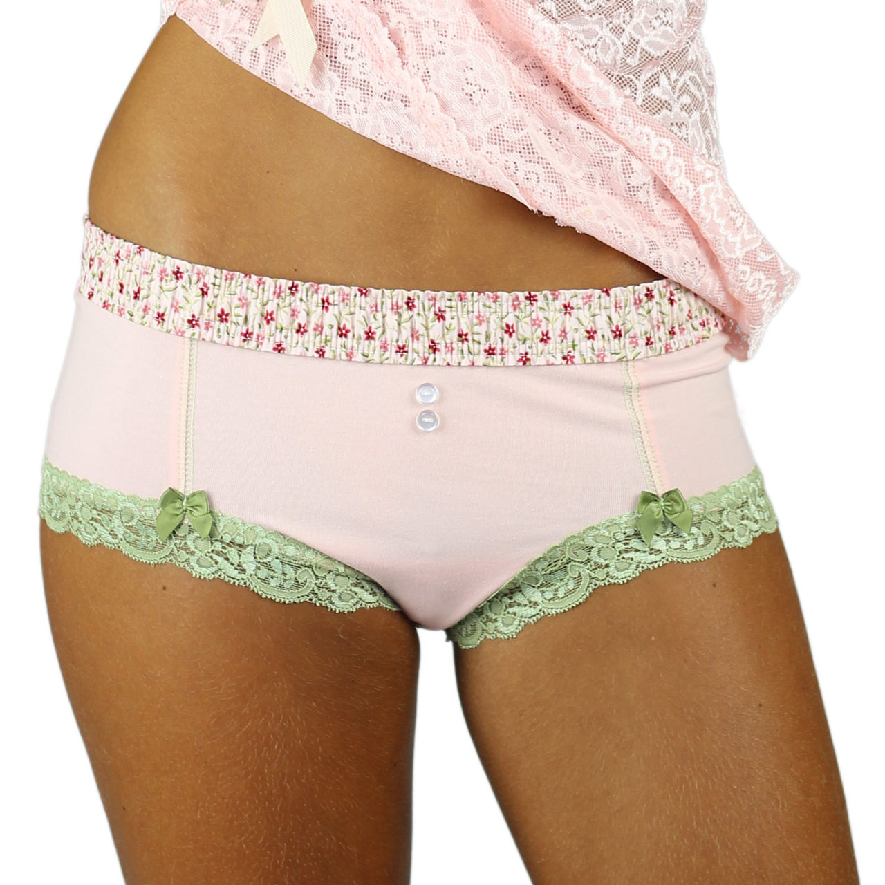 Women’s Pretty Pink Cotton Boyshort Panties with Pink Posies Waistband