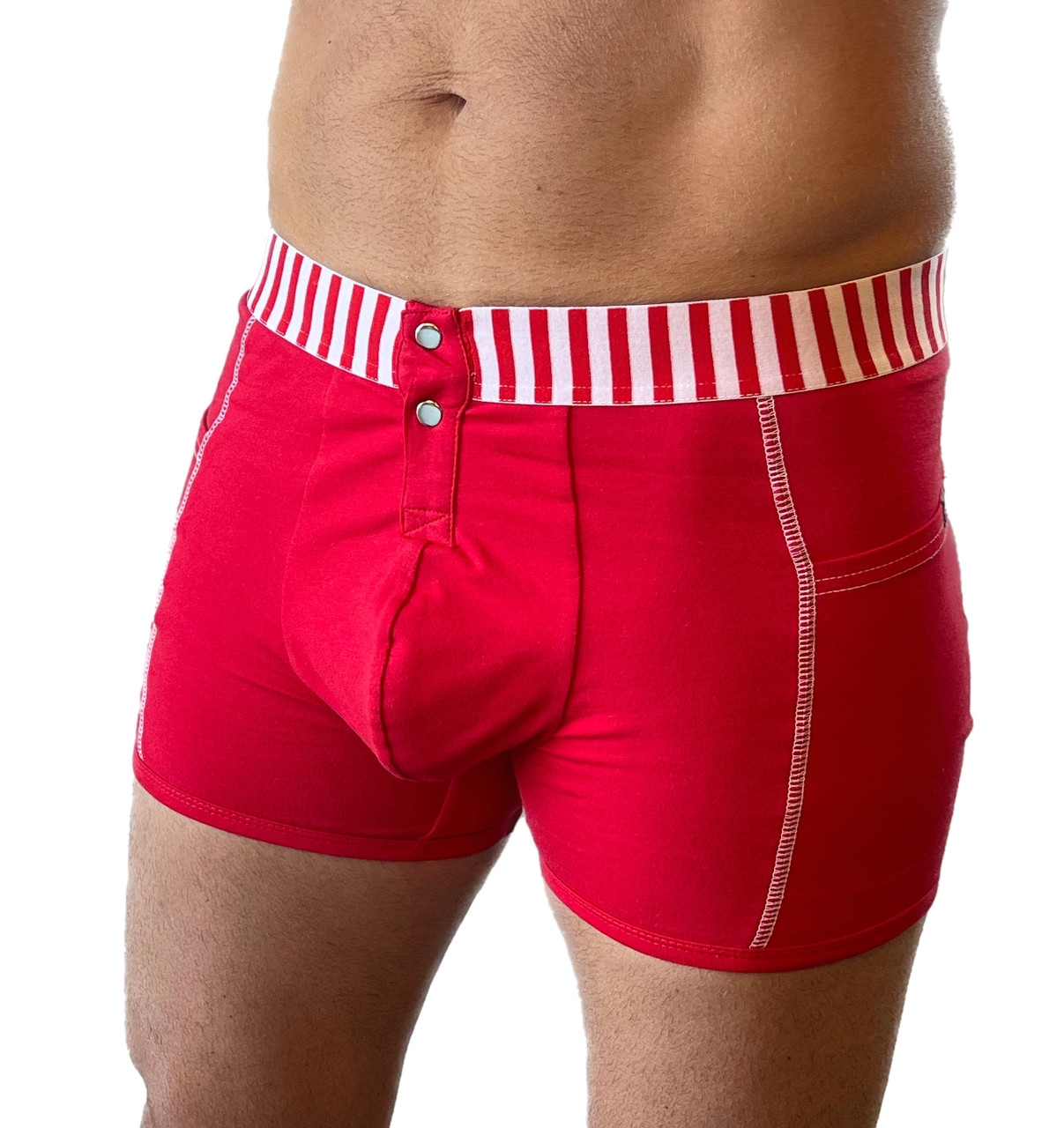 Red Men's Boxer Brief with Pockets & Red/White Stripe Elastic Band