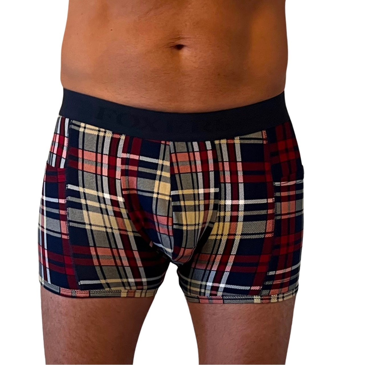 Men's Designer Underwear, Slim-Fit Boxers Navy-Red Plaid