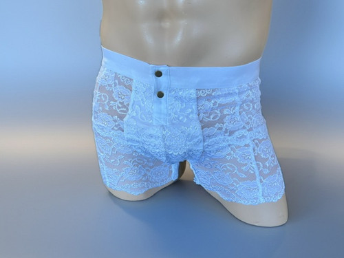 MENS WHITE LACE BOXERS BRONZE SNAPS FOXERS SOFT WEDDING