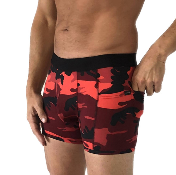 Red Camo Men's Boxer Briefs with FOXERS logo band & pockets