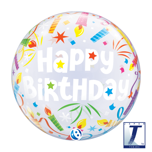22 inch Bubble Balloon featuring a colourful birthday design with lit candles.
