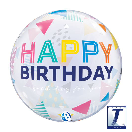 22 inch Bubble Balloon featuring a colourful Birthday Rainbow Triangles design.