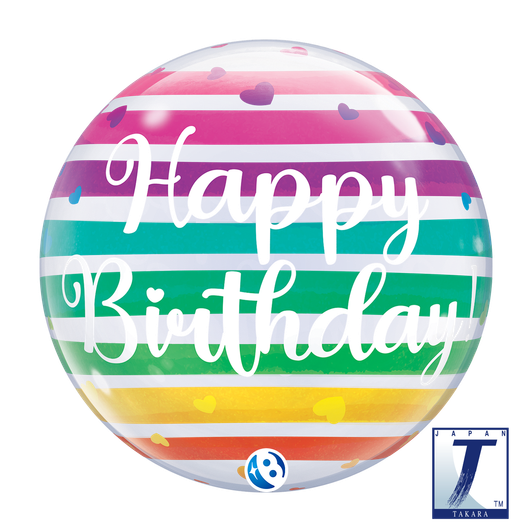 22 inch Bubble Balloon featuring bright rainbow stripes and a birthday design.