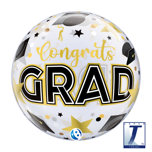 22 inch Bubble Balloon featuring a Congrats Grad design with stars and dots.