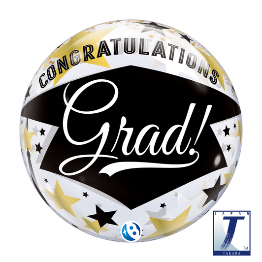 22 inch Bubble Balloon featuring a black Graduate design with stars.