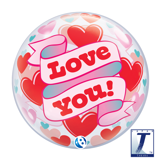 22 inch Bubble Balloon featuring a Love You design with hearts and ribbon details.