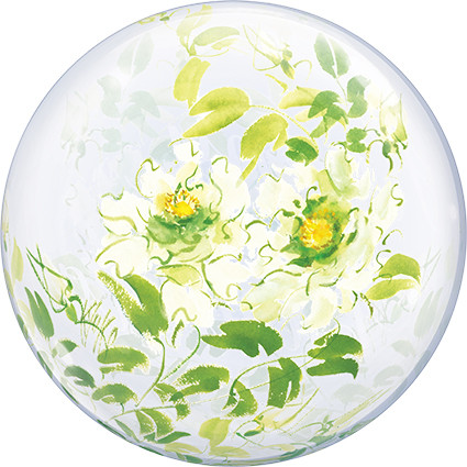 24 inch transparent DecoBubble featuring white roses from the Kyoko Yamamoto Collection.