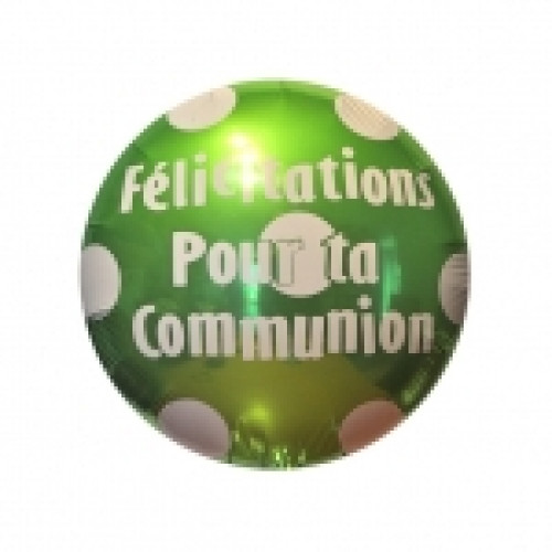 18 inch lime green Communion foil balloon with polka dots and French text.