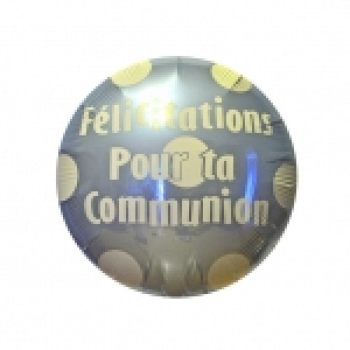 18 inch pearl light blue Communion foil balloon with polka dots and French text.