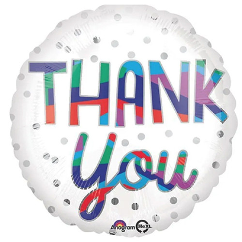 18 inch round foil balloon featuring a Thank You design.