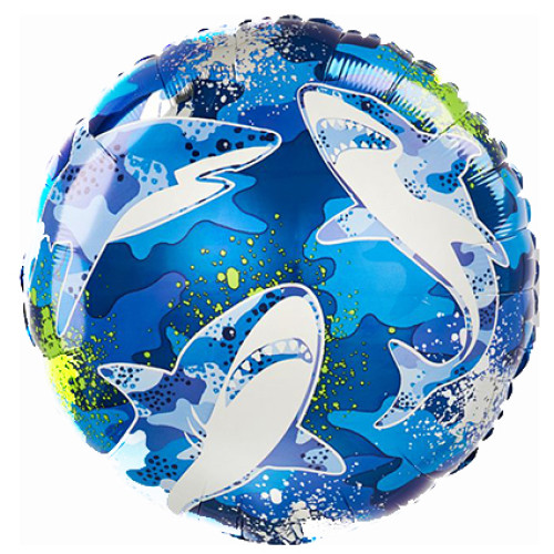 18 inch round foil balloon featuring a colourful shark design.