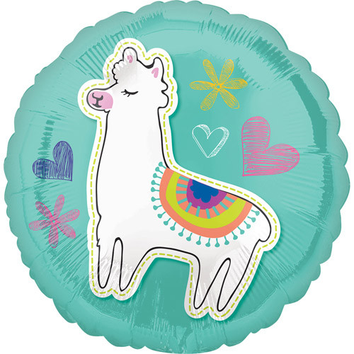 18 inch round foil balloon featuring a colourful Celebration Llama design.