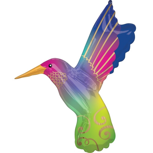 36 inch foil balloon featuring a colourful satin-infused hummingbird.
