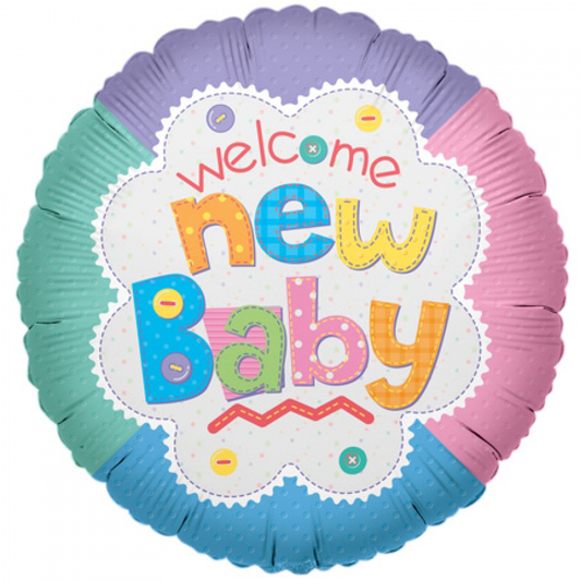 9 inch MiniFoil balloon featuring a Welcome New Baby message with a decorative quilt design.