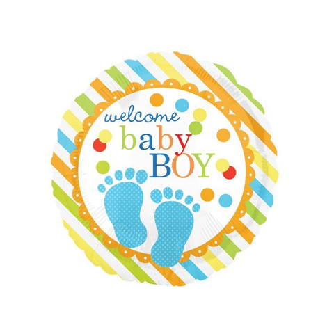 9 inch MiniFoil balloon featuring a Welcome Baby Boy Feet design.