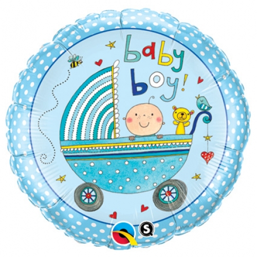 9 inch MiniFoil balloon featuring a Rachel Ellen Baby Boy Stroller design.