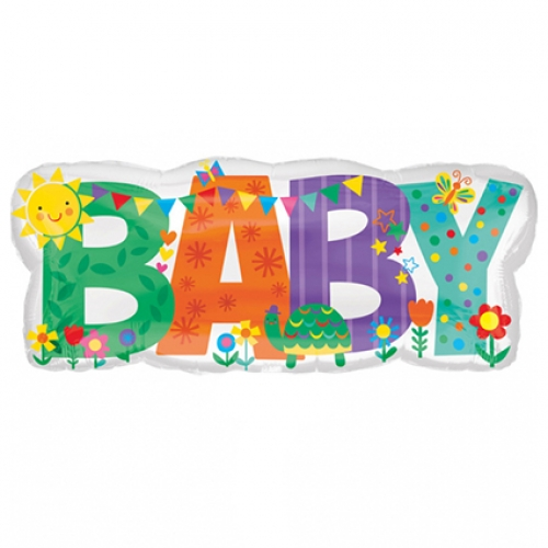 14 inch MiniFoil balloon featuring a Baby Banner design with cute baby-themed icons.