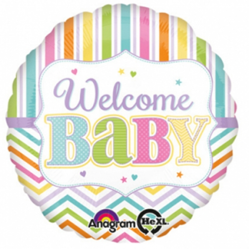 9 inch MiniFoil balloon featuring a colourful Welcome Baby design.