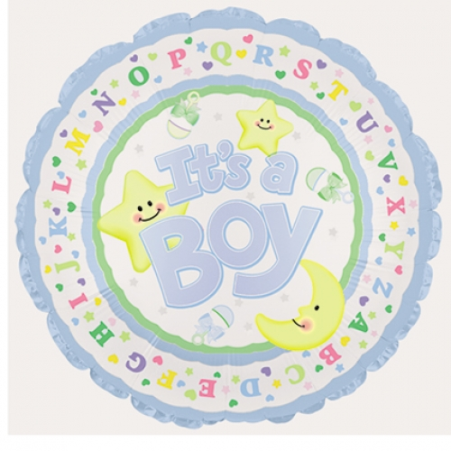 9 inch MiniFoil balloon featuring an It's a Boy Moon & Stars design.