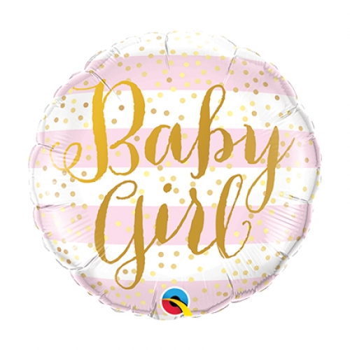 9 inch MiniFoil balloon featuring a Baby Girl design with decorative stripes.