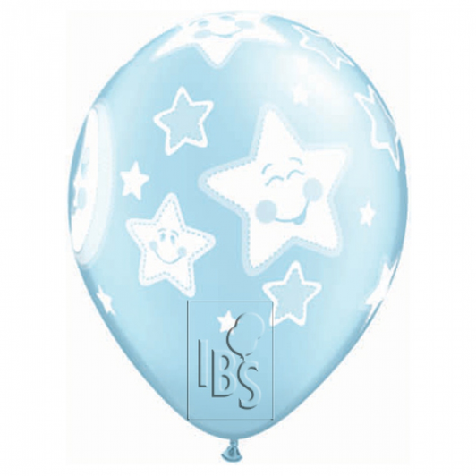 11 inch Pearl Light Blue printed latex balloons featuring a Baby Moon & Stars design.