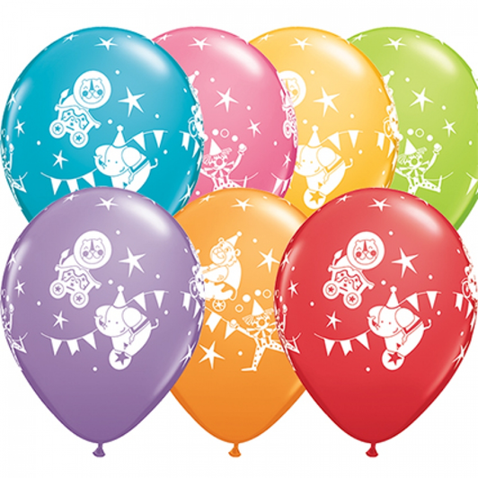 11 inch Festive Assorted printed latex balloons featuring colourful Circus Parade designs.